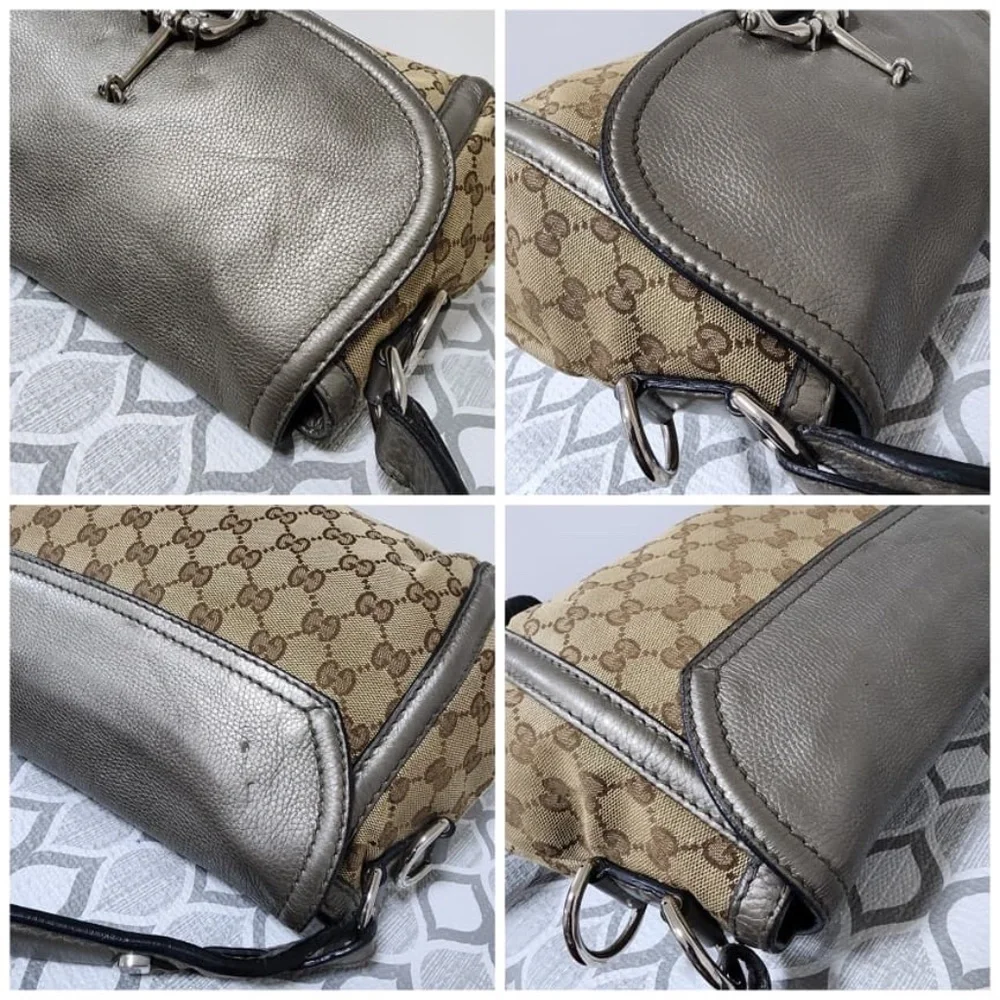 Authentic Gucci Medium GG Canvas Techno Horsebit Flap Hobo Bag Grey/Beige
